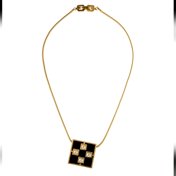 🔥EUC Givenchy 1976 Enamel Crystal Square Black Gold Plated  Pendant Necklace - Picture 6 of 7